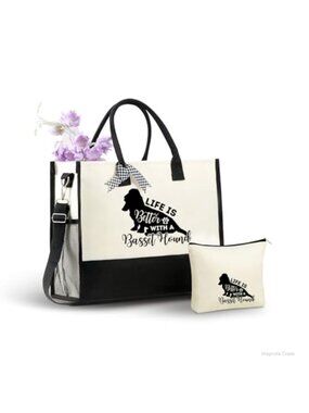 Canvas Tote Bag Set with Makeup Pouch and Ribbons, Large Zippered Shoulder Bag